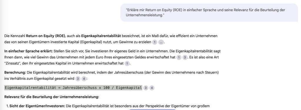 Screenshot von Notebook LM, der einen Chat zum Thema Unternehmenskennzahlen zeigt.