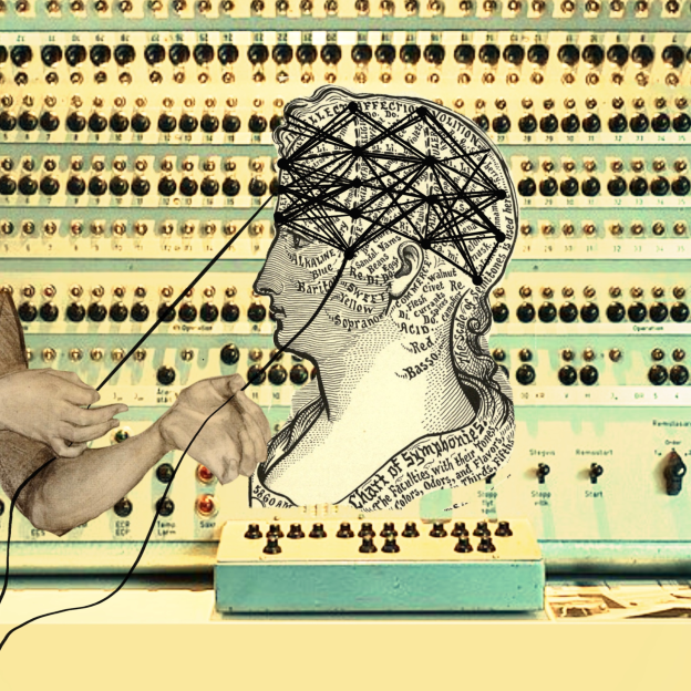 Collage mit Kopf und vielen Fäden vor alter Maschine – zeigt Denken und Technik.