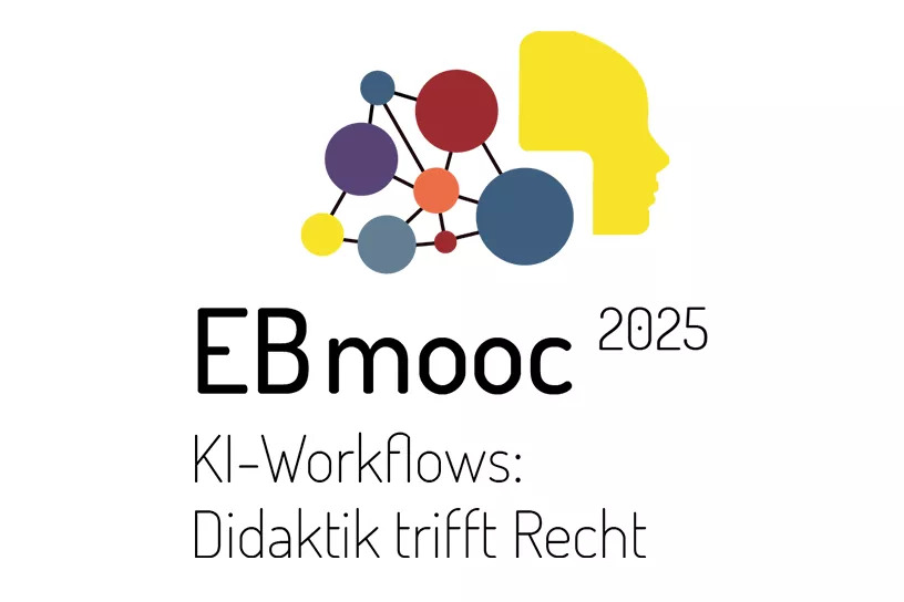 Logo EBmooc 2025: gelbe Profil-Silhouette mit farbigen, vernetzten Punkten (KI); darunter der Schriftzug ‚KI-Workflows: Didaktik trifft Recht‘.