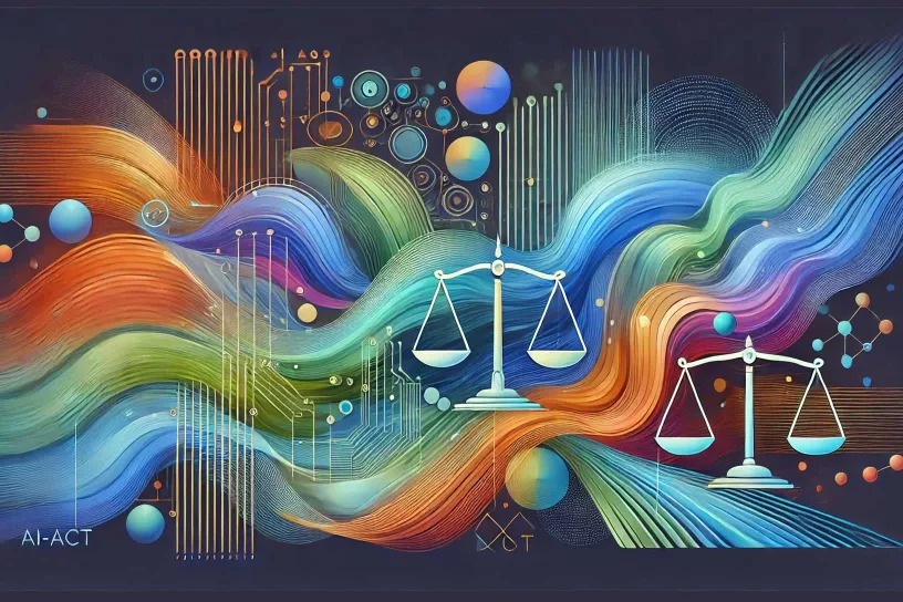 Abstrakte digitale Illustration mit bunten, wellenförmigen Linien in Blau, Grün, Orange und Lila, die wie Datenströme wirken. Dazwischen sind Symbole von Waagen eingefügt, die für Ausgleich und Gerechtigkeit stehen. Im Hintergrund schweben Kreise und geometrische Muster, die an Netzwerke und digitale Strukturen erinnern. Unten links steht der Schriftzug „AI-ACT“.