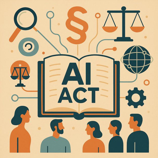 Illustration eines aufgeschlagenen Buches mit der Aufschrift „AI Act“. Darum gruppieren sich Symbole wie Lupe, Paragraphenzeichen, Waage, Zahnrad und Globus, die verschiedene Kompetenzen in der Erwachsenenbildung darstellen. Am unteren Bildrand stehen stilisierte Personen, die auf das Buch blicken. Farbgestaltung in Retro-Pastelltönen (Orange, Blau, Beige).