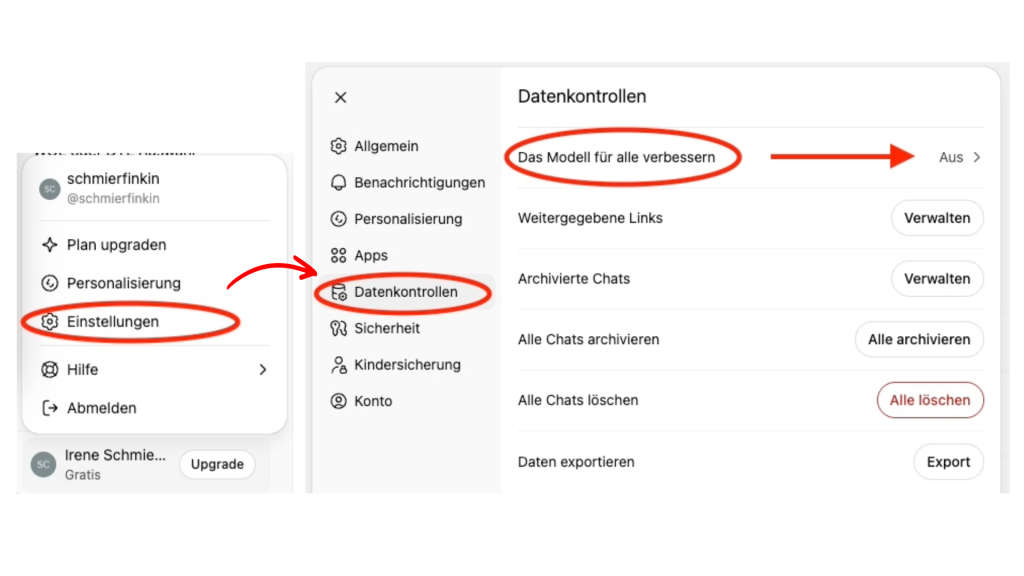 Collage aus zwei Screenshots, die zeigt, wie man in den Einstellungen unter „Datenkontrollen“ die Option „Das Modell für alle verbessern“ deaktiviert.