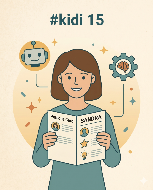 KI-Illustration, die eine Frau zeigt, die eine „Persona Card“ hält, mit KI- und Gehirn-Symbolen und dem Text „#kidi 15“ in einer Teal- und Ocker-Farbpalette.