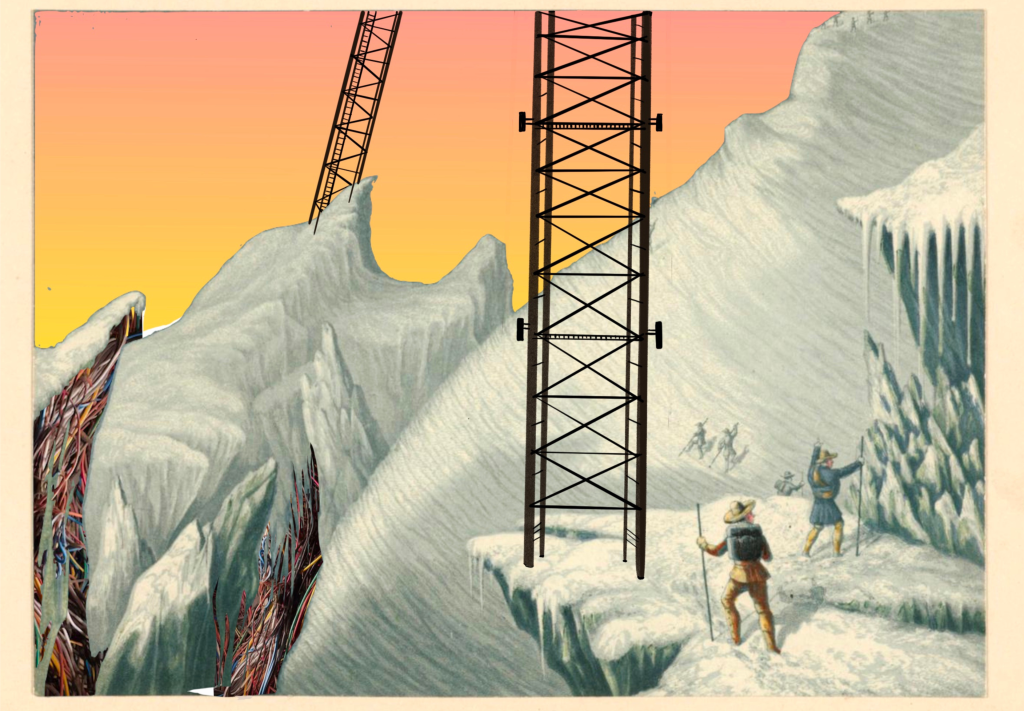Eine schneebedeckte Berglandschaft mit steilen Klippen. Auf gegenüberliegenden Seiten der Schlucht stehen zwei große Strommasten, deren Sockel tief im Schnee verborgen sind. Kleine Gruppen von Wanderern sind dabei zu sehen, wie sie die vereisten Grate erklimmen. Unter der schmelzenden Schneedecke kommt eine Schlucht zum Vorschein, die von einem Gewirr aus bunten Kabeln durchzogen ist.