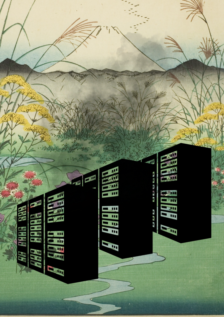 Dieses Bild ist eine Collage mit einer farbenfrohen japanischen Vintage-Landschaft, die einen Berg, Hügel, Blumen, weitere Pflanzen und einen kleinen Bach zeigt. In der unteren Hälfte des Bildes befinden sich drei große schwarze Datenserver. Aus ihnen steigt eine Wolke aus schwarzem Rauch auf, die die Landschaft teilweise verdeckt.