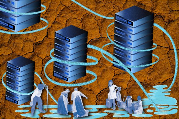 Kühlrohre umschließen die Datenserver und entziehen einem gemeinsamen Wasserreservoir Wasser, während Menschen aus derselben Quelle Wasser schöpfen – vor dem Hintergrund erodierter Bodenstrukturen.